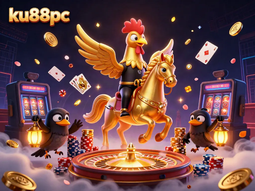 Experience thrilling gameplay at ku88pc with a vibrant casino scene featuring a golden rooster and magical elements.