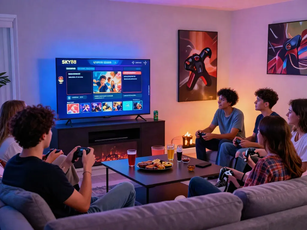 Engaged friends enjoying gaming on SKY88 platform in a lively living room setting.