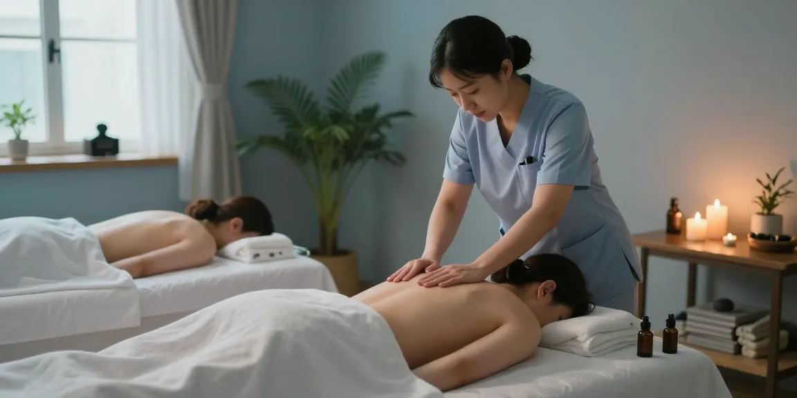 Relaxing 동탄출장마사지 session in serene spa environment with soft lighting, natural elements, and therapeutic focus.
