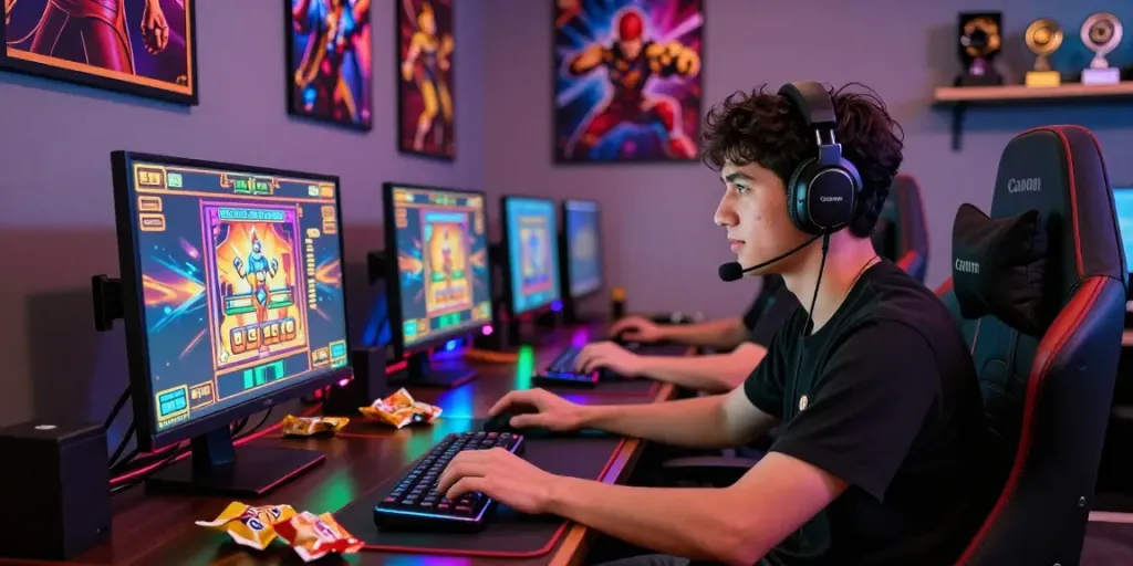 Exciting ggsoft slot gaming scene showing a player immersed in vibrant online gameplay with colorful LED lights