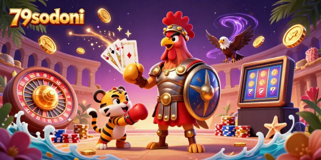 Engage with thrilling 79sodoni gaming scenes, showcasing a gladiator rooster and dynamic casino elements.