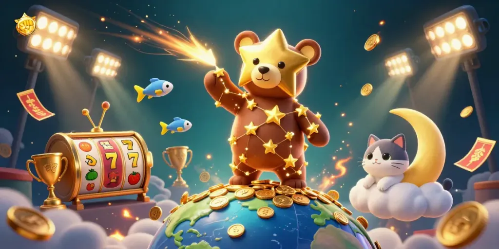 Experience thrilling gaming with sun, where a golden constellation bear scoops coins and slots shine.