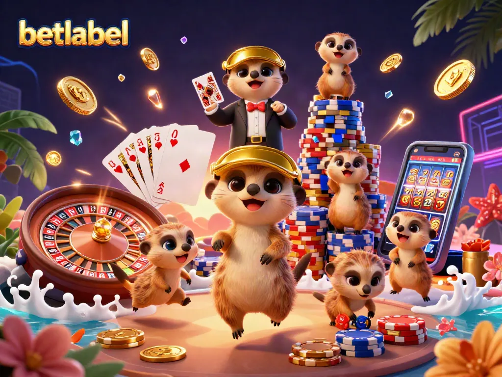 Betlabel casino illustration with meerkats managing a vibrant gaming experience, showcasing excitement and fun.