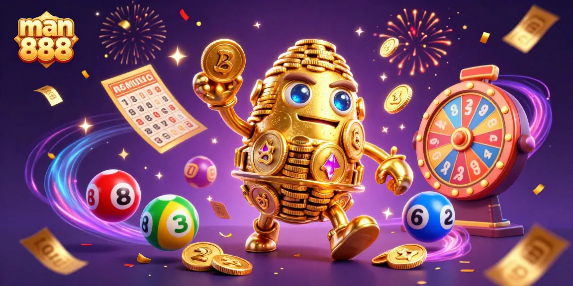 Experience excitement with man 888's dynamic gaming scene featuring gold coins and lottery elements.
