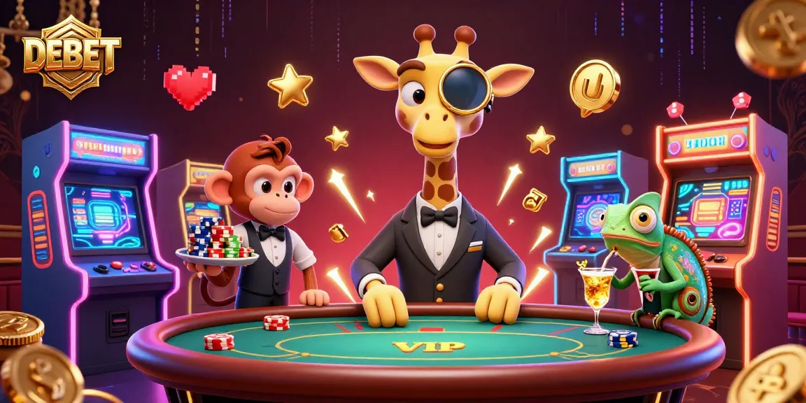 Experience thrilling games with Debet's dazzling high-roller giraffe at a vibrant casino scene.