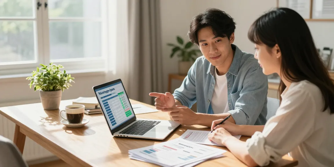 Couple calculating cuota hipoteca with a mortgage calculator at home.