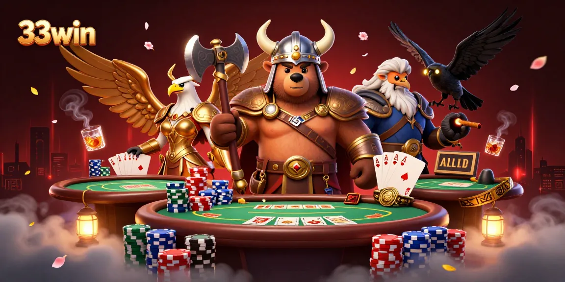 33win showcases intense gaming action with Viking and eagle characters amidst vibrant casino elements.