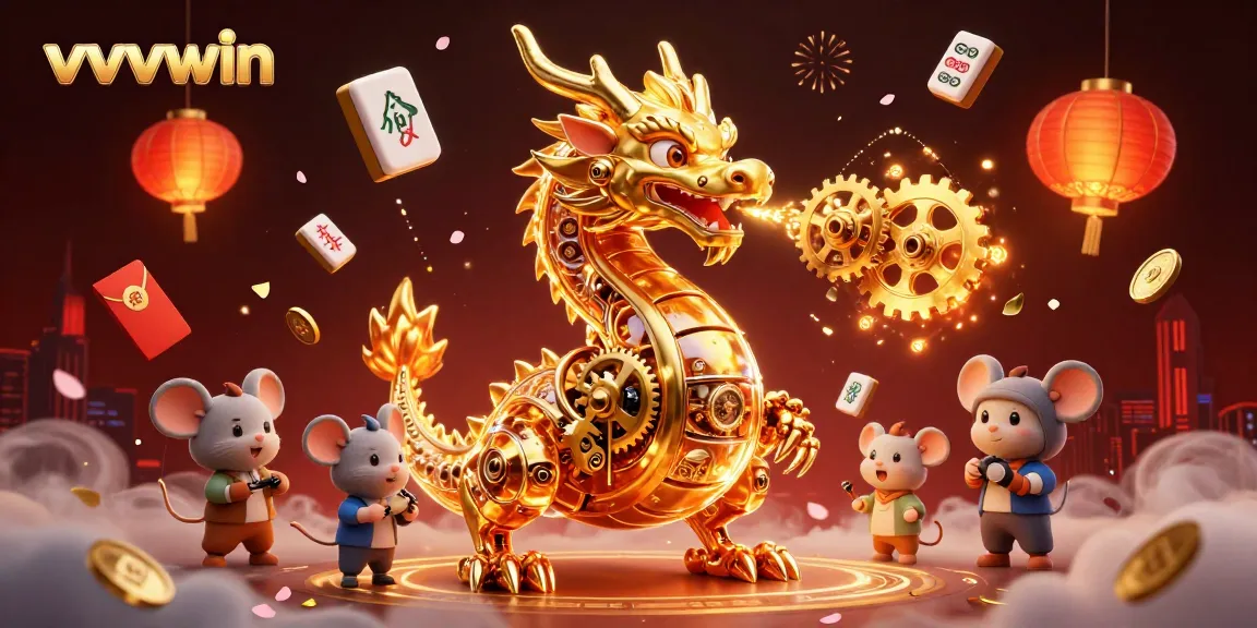 Experience the excitement of vvvwin with a golden dragon amidst vibrant casino elements