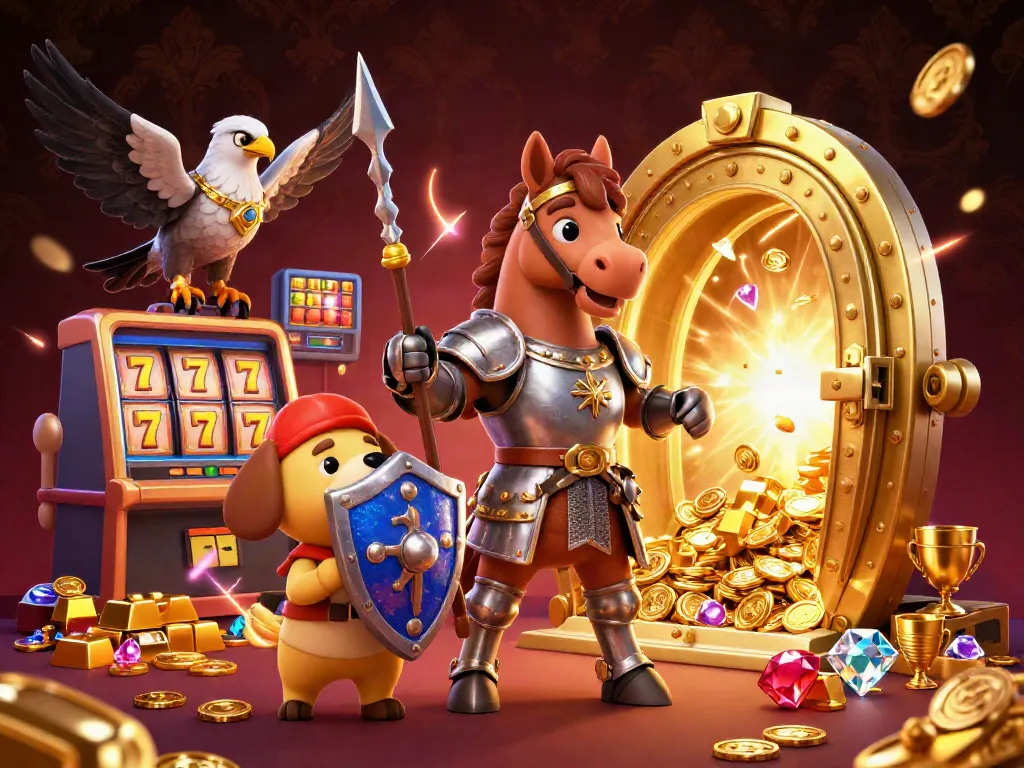 Experience thrilling gameplay at Hitclub with a knight, puppy, and falcon amidst a treasure-filled casino.