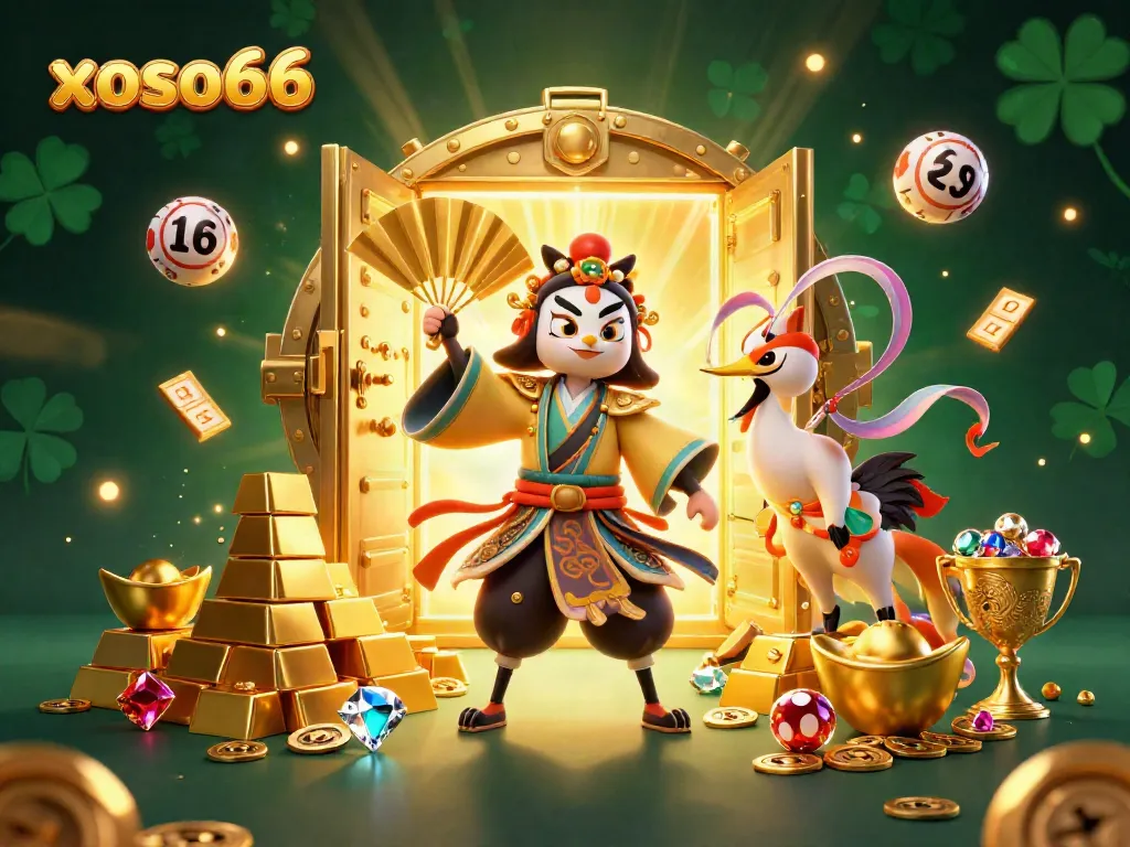 xoso66 lottery design with a kabuki warrior, kitsune mask, and golden treasures.