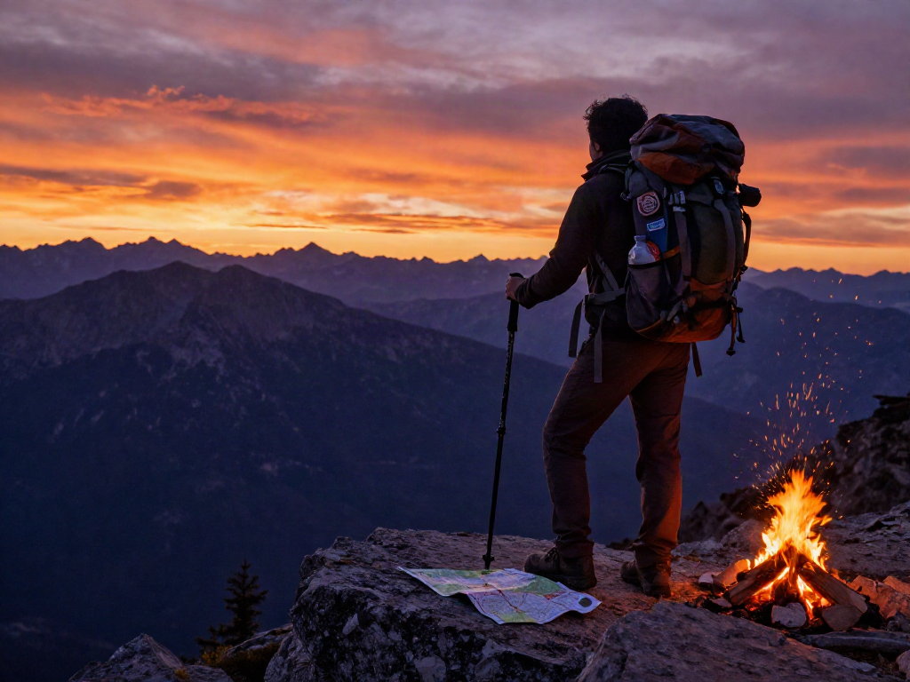 Hiker at sunset enjoying breathtaking mountain views, highlighting rokok88 rtp exploration.