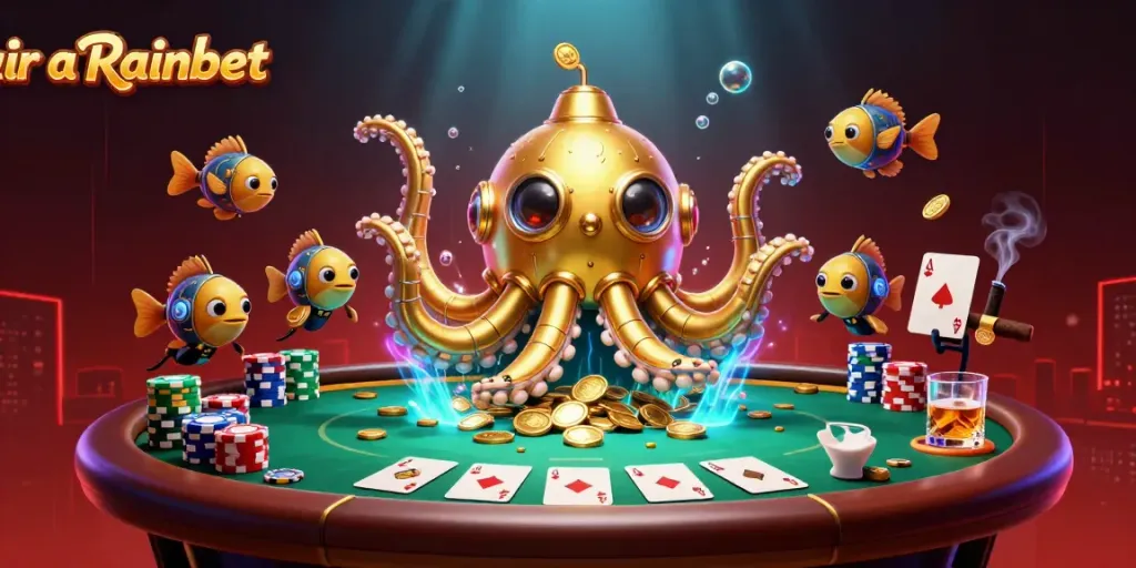 Gana en el casino ir a Rainbet con un submarino kraken dorado y fichas de póker vibrantes.