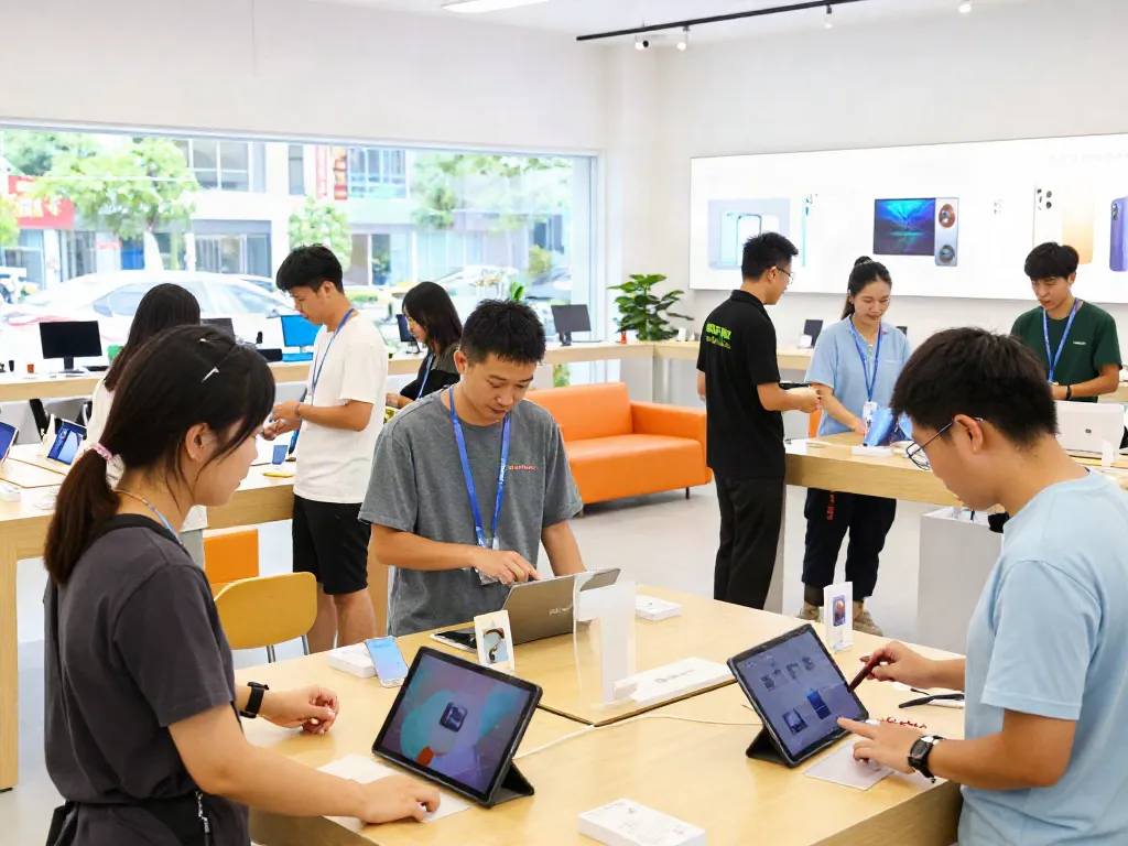 rokok88 login shopping scene with customers exploring latest gadgets and electronics in a modern retail environment.