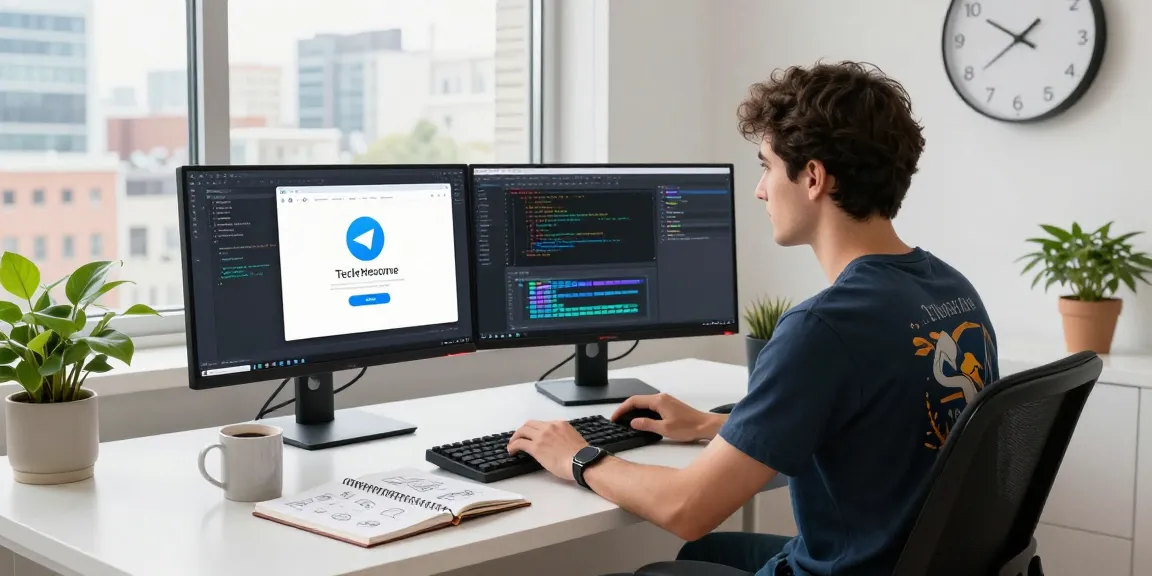 Engaged developer coding on Telegram网页版 interface in a bright workspace.