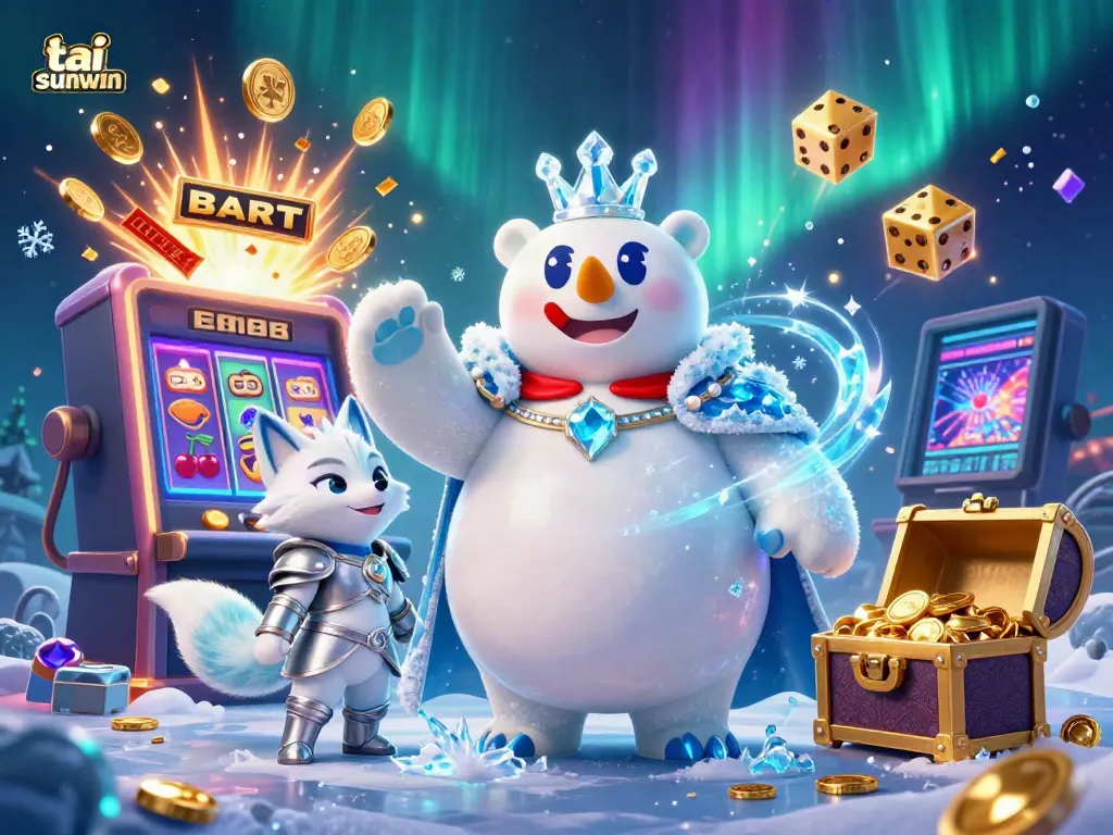 Experience exciting wins with tai sunwin as a polar bear king and silver fox celebrate at a massive slot jackpot.