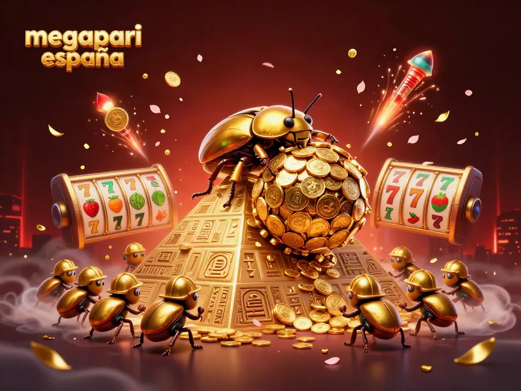 La imagen ilustra una escena animada con MegaPari España enfocándose en una caricatura de un escarabajo dorado en un casino, rodeado de elementos de juego.