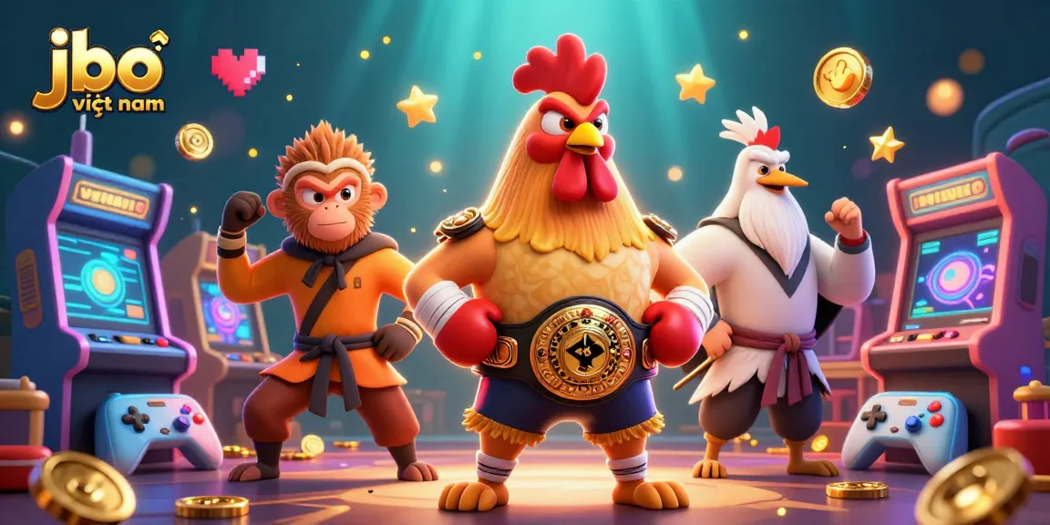 Experience thrilling action at jbo việt nam with a vibrant 3D illustration showcasing a Muay Thai rooster, Shaolin monkey, and wise crane master.