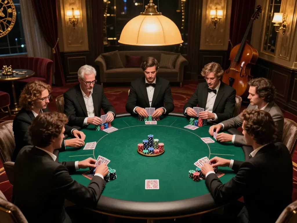 gg88 players strategizing in a luxurious poker game with stacks of chips and elegant decor