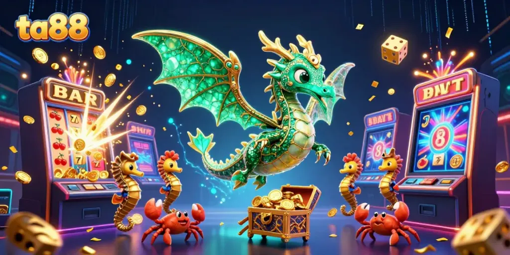 Experience the thrill of ta88 with a vibrant 3D dragon and slot machine bursting with coins.