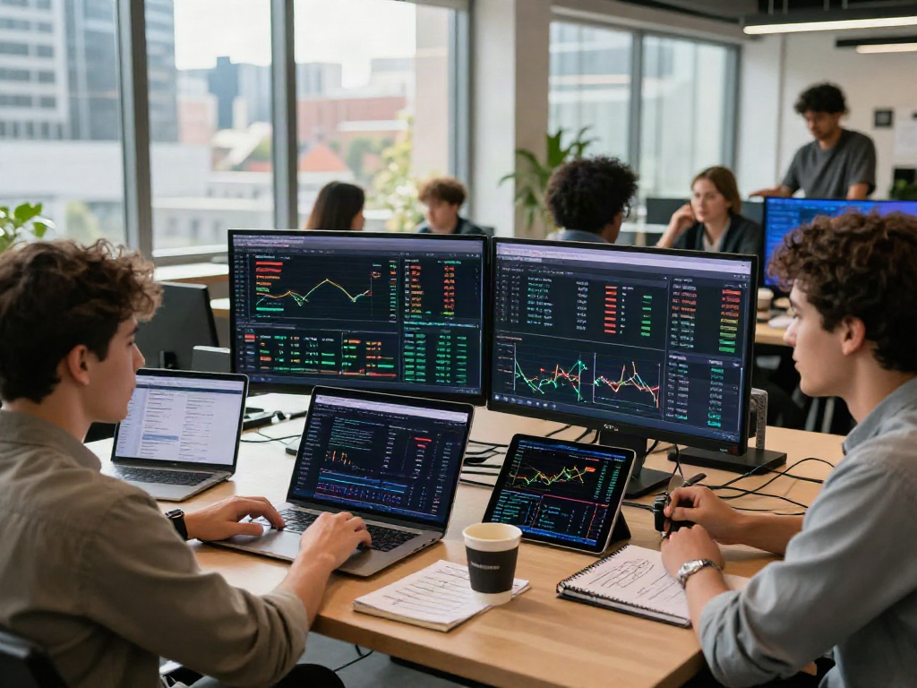 Comprando criptomonedas en un espacio de trabajo moderno con gráficos y pantallas informativas.