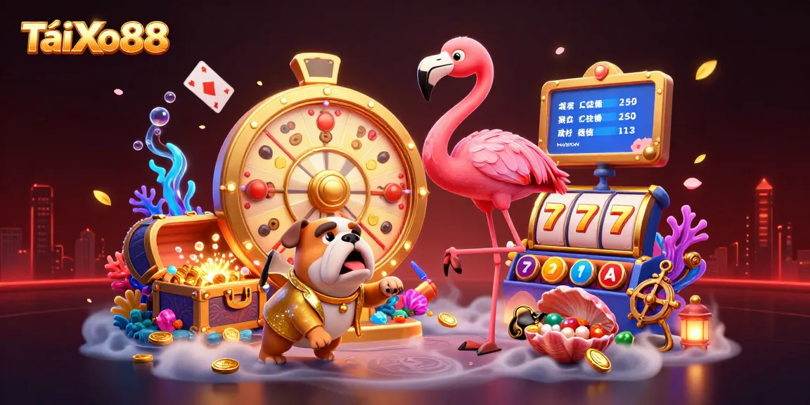 TảiXo88 features a vibrant 3D scene with a flamingo host, bulldog contestant, and sparkling prizes.