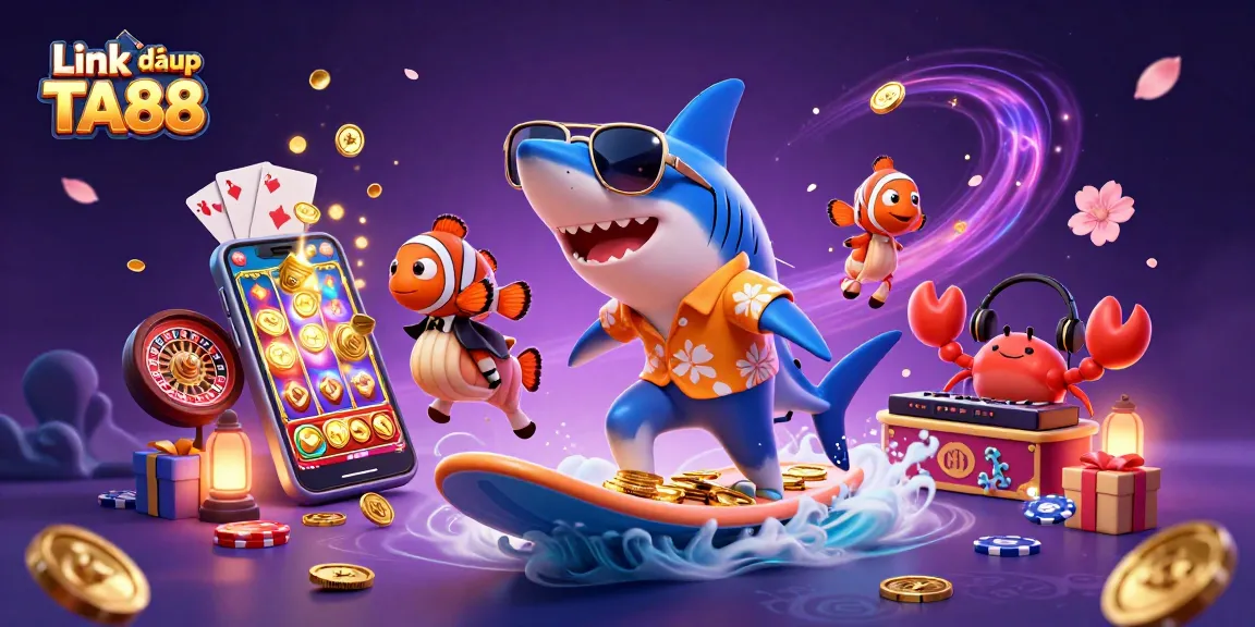 Link đăng nhập TA88 showcases a vibrant casino scene with a shark surfing on gold coins, vibrant slot games, and lively gaming elements.