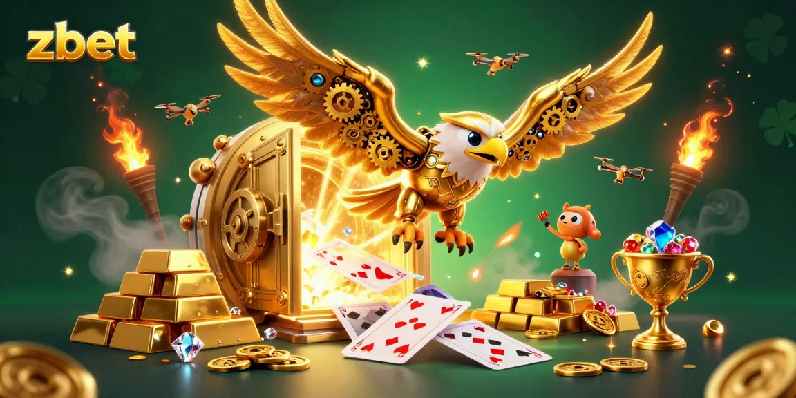 Zbet showcases a dynamic scene with a cybernetic golden eagle and treasure elements, representing thrilling casino excitement.
