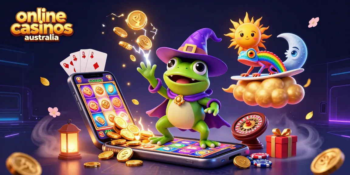 Experience online casinos Australia with a vibrant scene featuring characters amidst gold coins and casino elements.