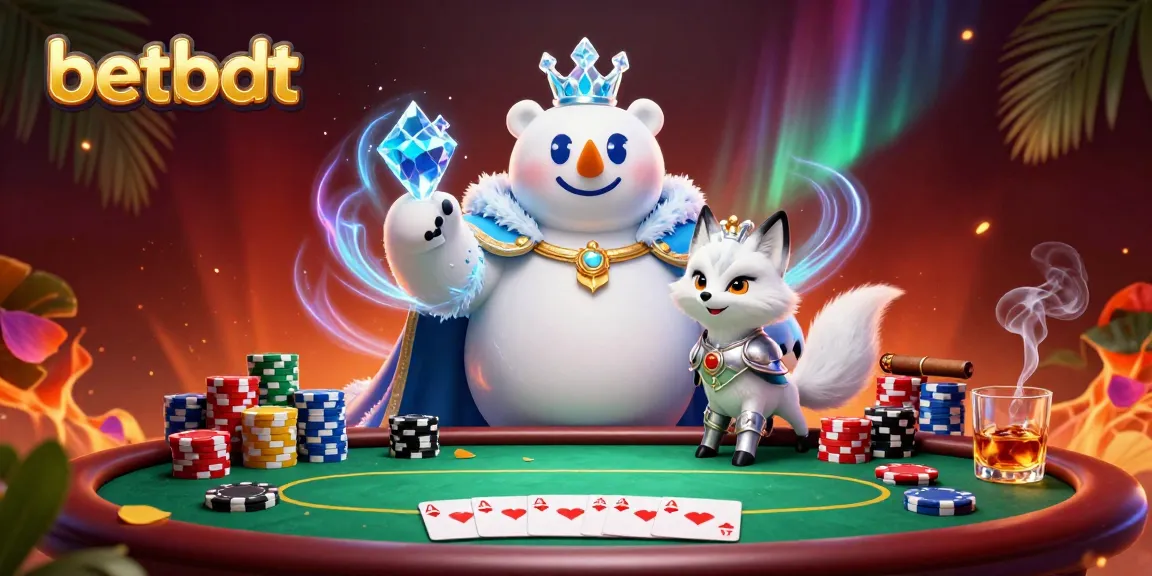 Experience thrilling poker actions at betbdt with a vibrant casino scene featuring a regal polar bear and a heroic fox.