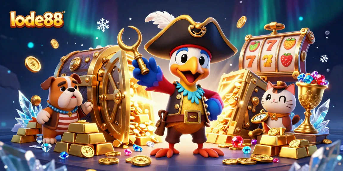 Experience the excitement of lode88 with thrilling slot reels and gems in a vibrant 3D casino scene.