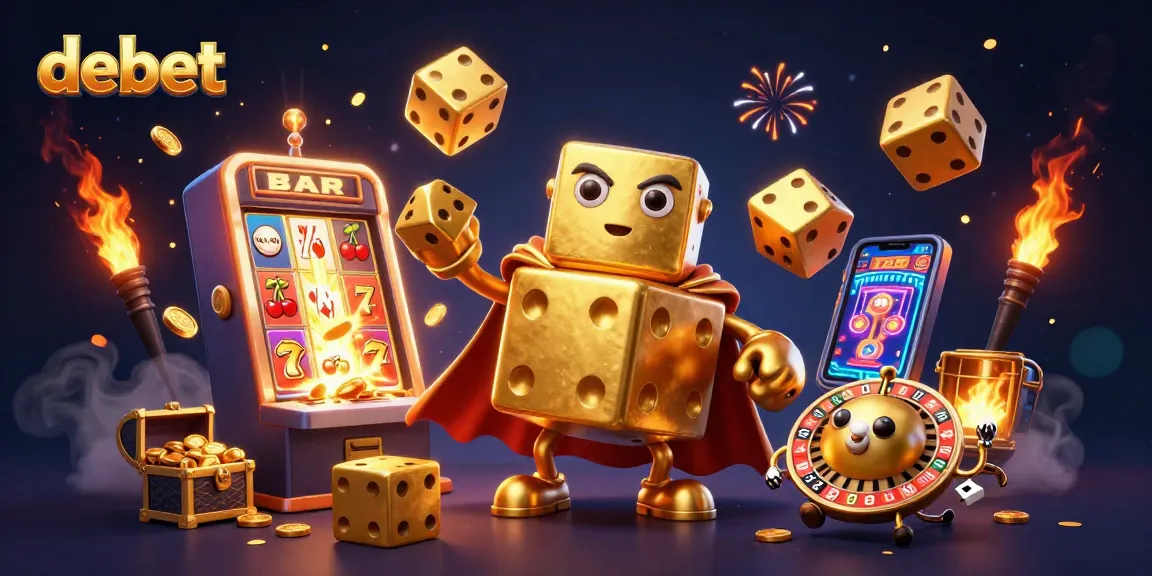 Engage with debet's thrilling casino atmosphere, showcasing dynamic dice, dollar signs, and excitement.