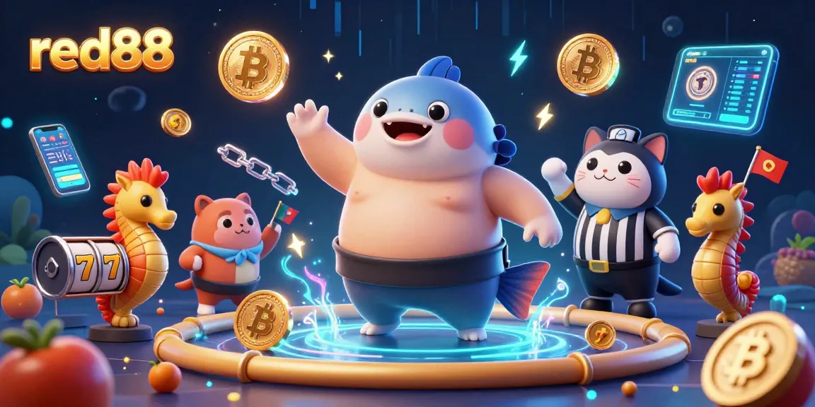 Experience the thrill of red88 with a dynamic underwater casino scene featuring a puffed-up fugu, a wise catfish referee, and vibrant crypto elements.