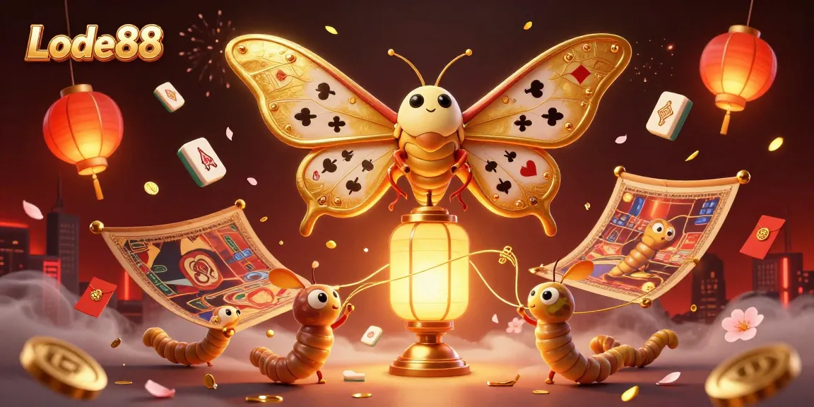 Lode88 showcases a vibrant 3D depiction with a moth & casino elements creating an engaging scene.