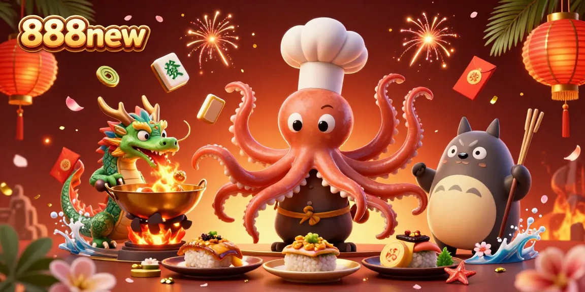 Engage in thrilling gameplay at 888new with vibrant 3D characters preparing golden dishes in a dynamic casino setting.