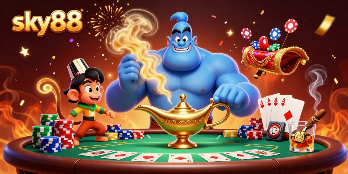 Engage with exciting sky88 casino promotions featuring a vibrant genie scene.