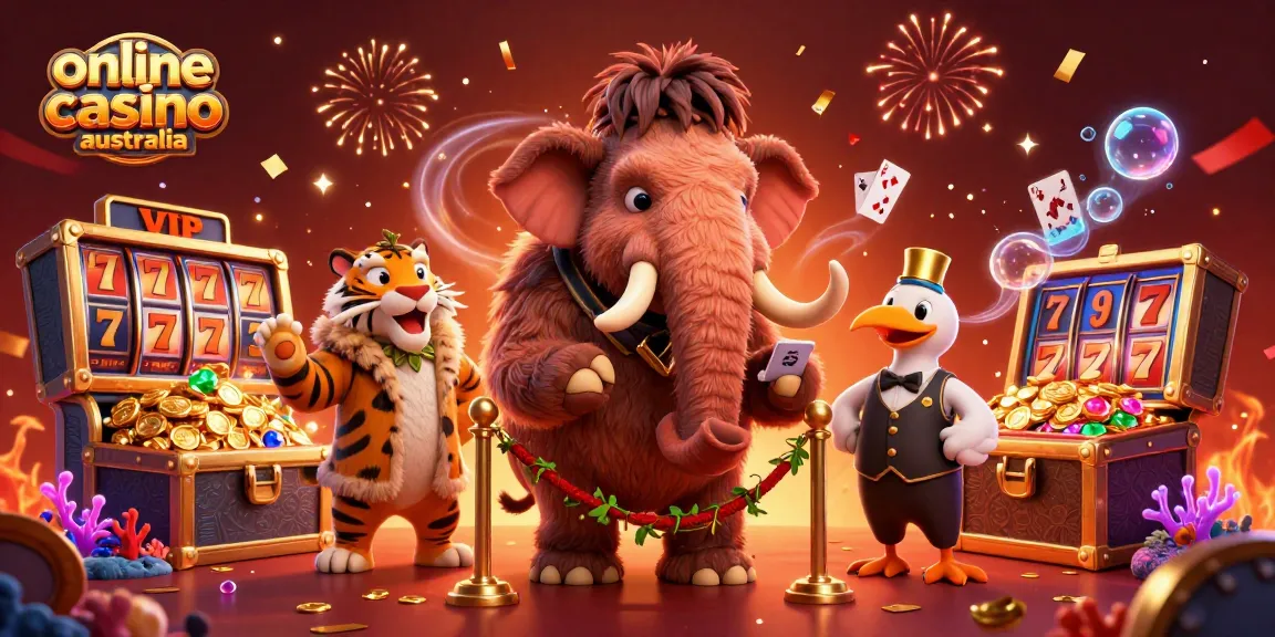 Experience the vibrant scene of an online casino in Australia with a woolly mammoth bouncer and a saber-tooth tiger VIP!