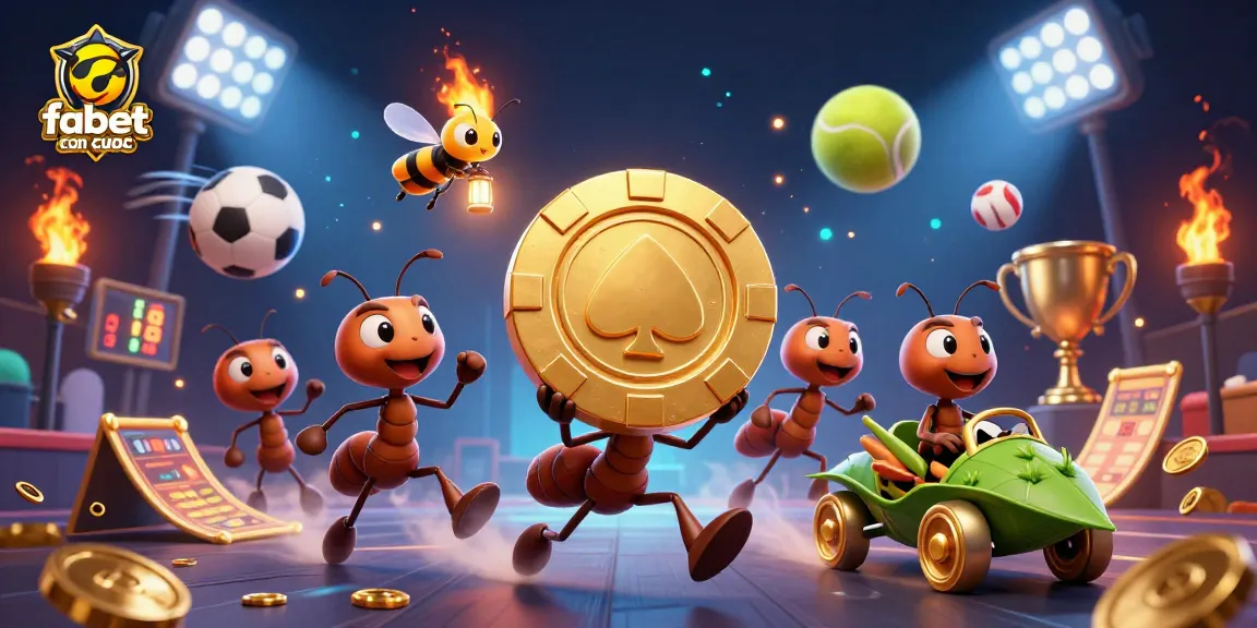 Engaging 3D illustration showcasing fabet com ca cuoc with ants carrying a golden poker chip through a dynamic casino scene.