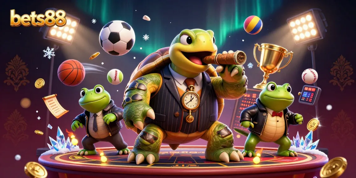 Bets88 showcases a lively casino scene with a mobster turtle and bullfrog enforcers amidst dynamic sports betting elements.
