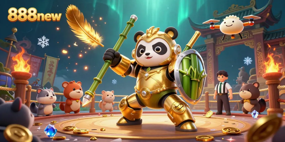 Action-packed scene showcasing 888new's thrilling casino elements with a golden panda in a mech-suit.