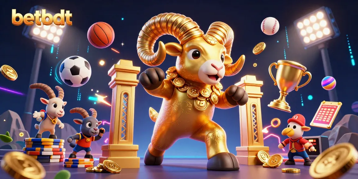Betbdt showcases an exciting scene with a golden ram charging through a dynamic sports-themed environment.