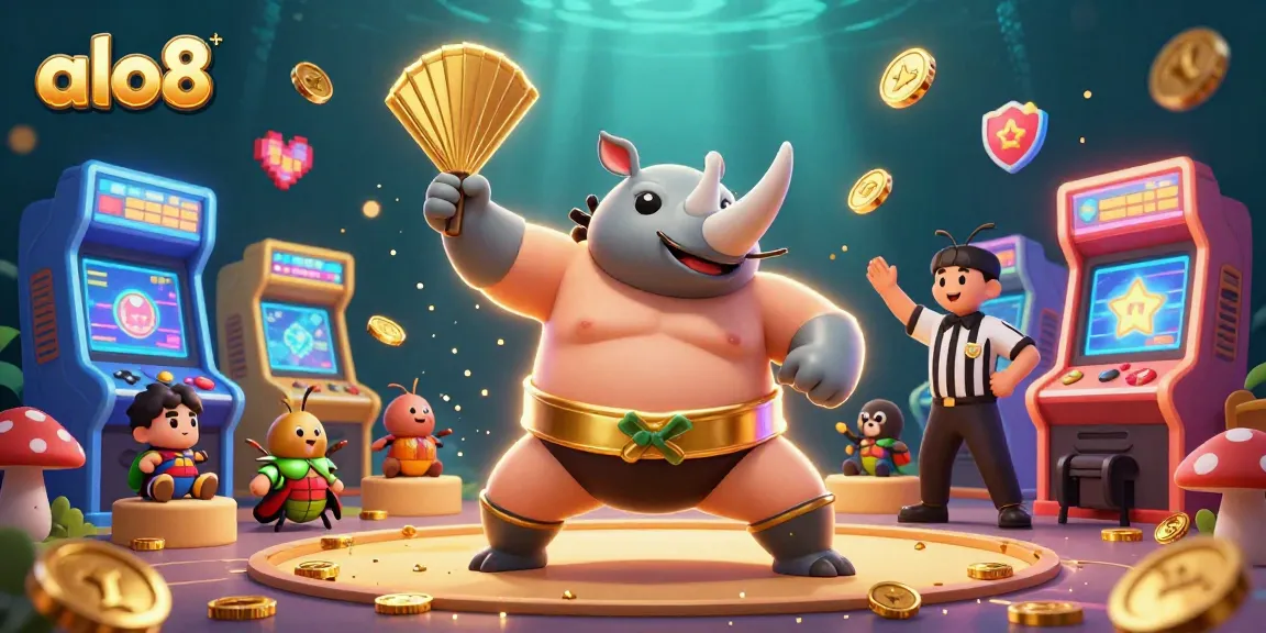 Win big at alo8 with a vibrant illustration of a beetle sumo champion amidst a lively casino atmosphere