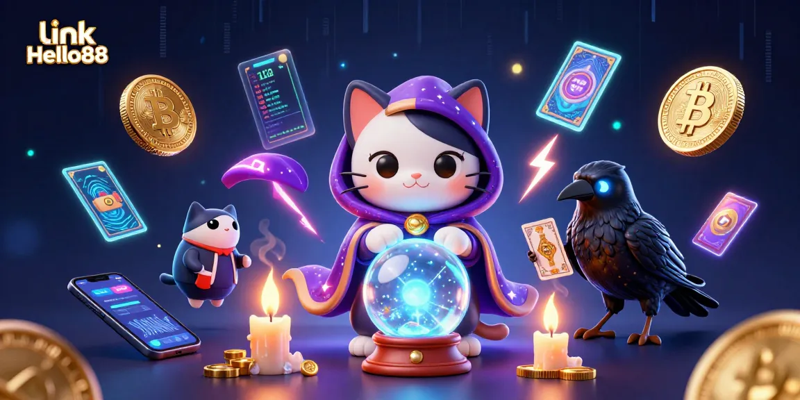 Engage with link Hello88 through a vibrant, dynamic 3D gambling scene featuring crypto elements and mystical characters.