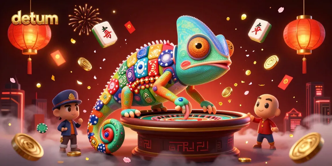 Engage in thrilling casino gaming at datum with a vibrant chameleon character and festive gambling elements.