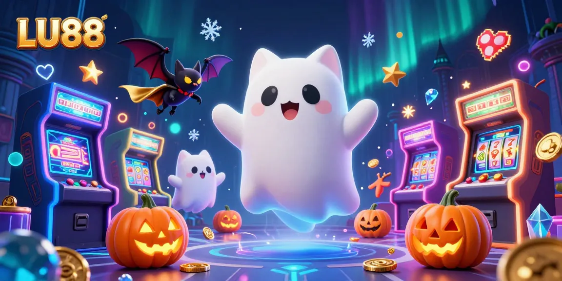 LU88: Engage with a captivating ghost cat and vibrant casino elements in this lively gaming scene