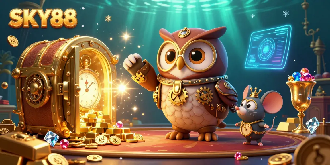 Engage with the lively casino world of SKY88 alongside a time-traveling owl and clockwork mouse, exploring wealth and games.
