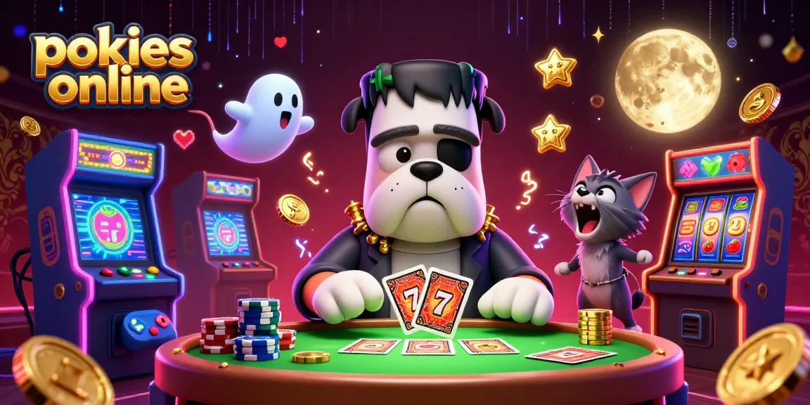 Experience pokies online excitement with a 3D Frankenstein bulldog at a spooky gaming table.