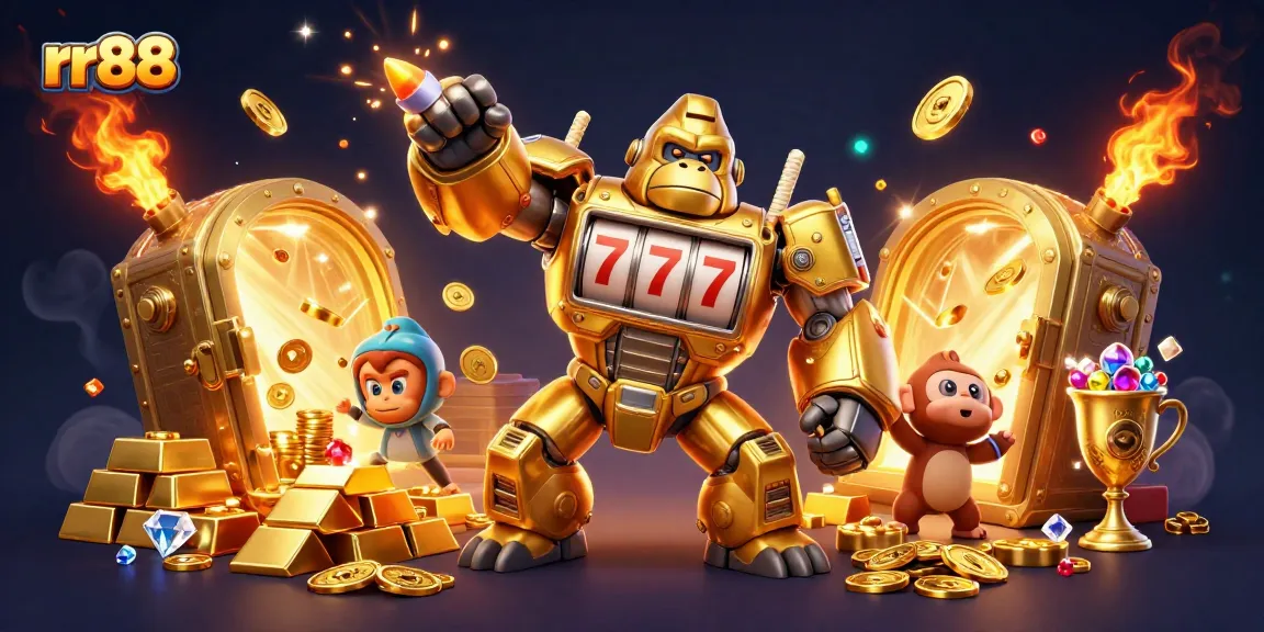 Experience thrilling action in rr88 as the gorilla mech celebrates jackpots with exploding coins!