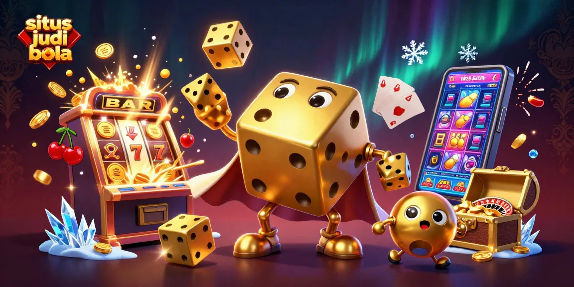 Situs judi bola dengan ilustasi 3D yang menampilkan dadu emas yang sedang menjulang dan jackpot bersinar, dikelilingi oleh mesin slot dan simbol keberuntungan.