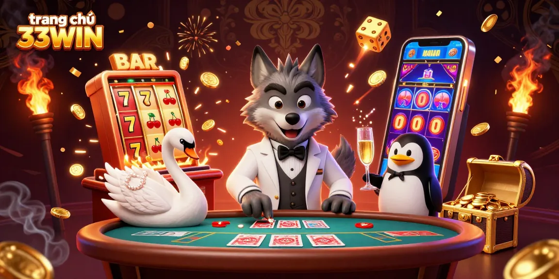 Experience the thrill of winning at trang chủ 33WIN with a vibrant casino scene featuring a debonair wolf and swan dealer.